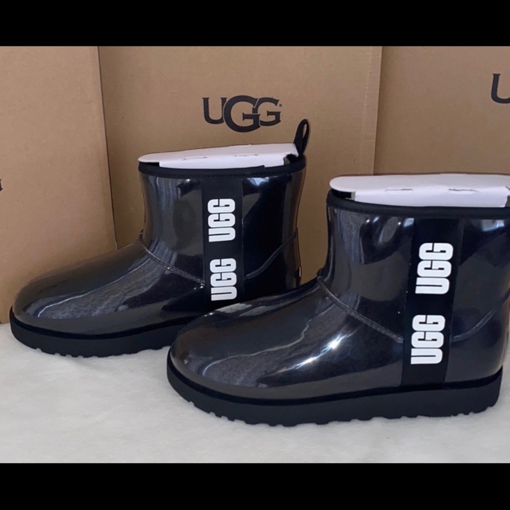 UGG Black Glossy Short Rain Boots with White Logo
